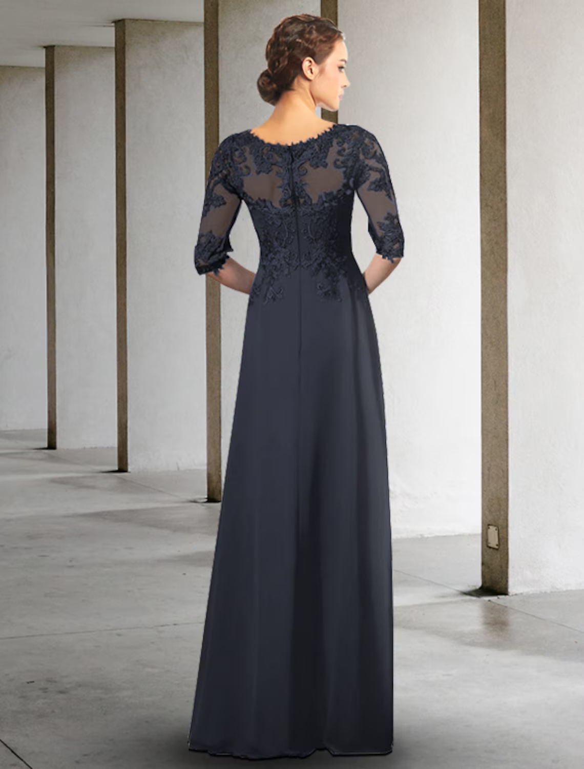 A-Line Mother of the Bride Dress Elegant Floor Length Chiffon Lace Half Sleeve with Appliques