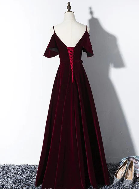 Elegant velvet princess bow short sleeved backless long dress, wine red V-neck and floor length evening dress