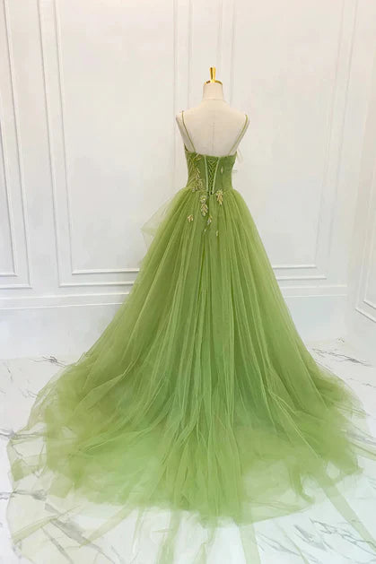 High end green sheer camisole long party dress with green backless sleeveless stickers, lace beaded ruffled edges for evening dress