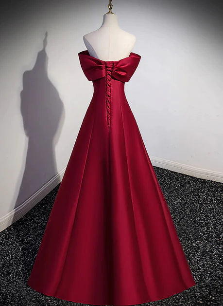 Elegant wine red satin strapless backless long party dress, A-line wine red satin and ground evening dress