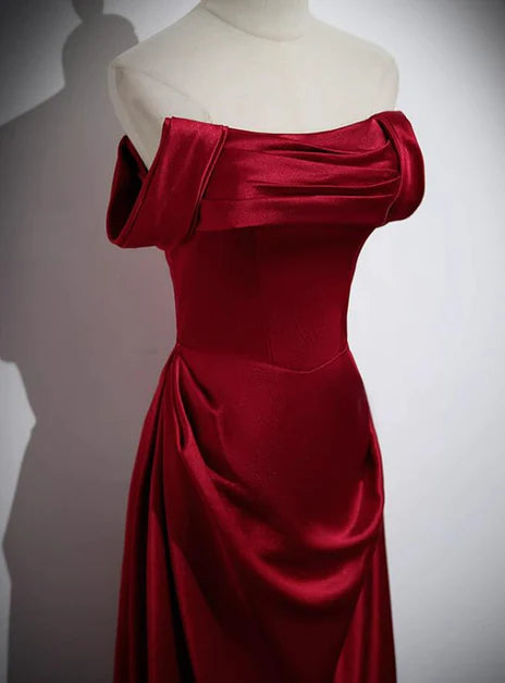 Elegant wine red satin shoulder length party dress with wine red A-line satin back strap and floor length evening dress