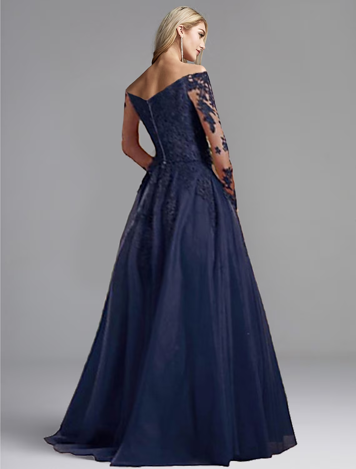 A-Line Evening Gown Open Back Dress Formal Evening Long Sleeve Plunging Neck Chiffon with Appliques