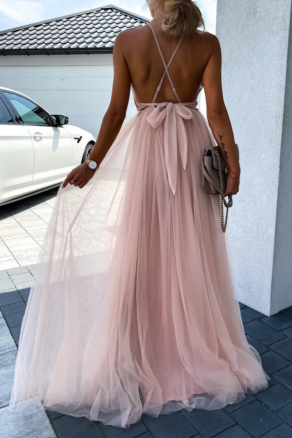 Elegant solid color mesh neck and floor length dress