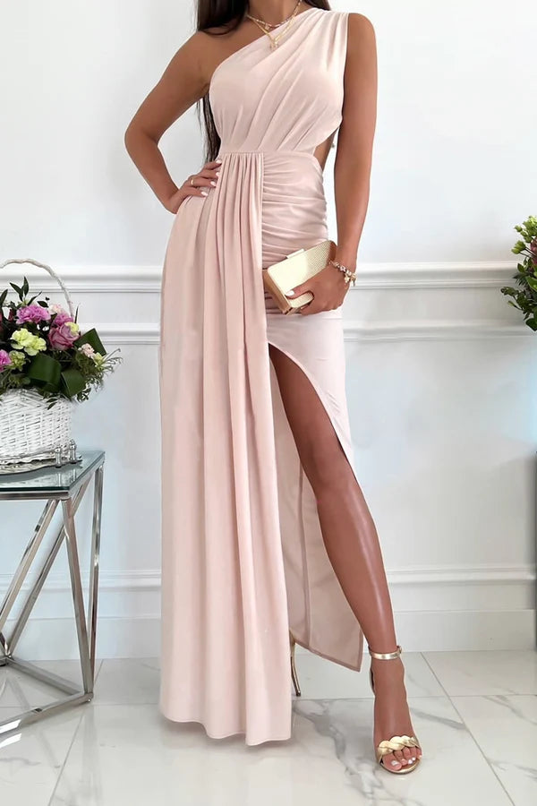Elegant slanted neck sleeveless long dress