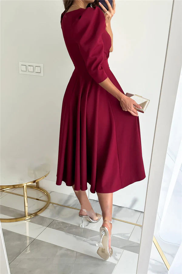 Elegant solid color V-neck A-line tea long dress