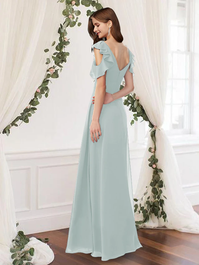A-Line Bridesmaid Dress V Neck Sleeveless Elegant Floor Length Chiffon with Pleats Ruffles