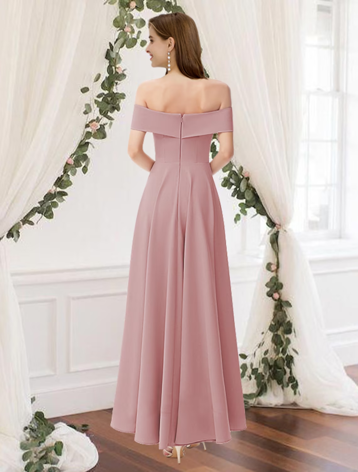 A-Line Bridesmaid Dress Off Shoulder Sleeveless Elegant Floor Length Chiffon with Pleats