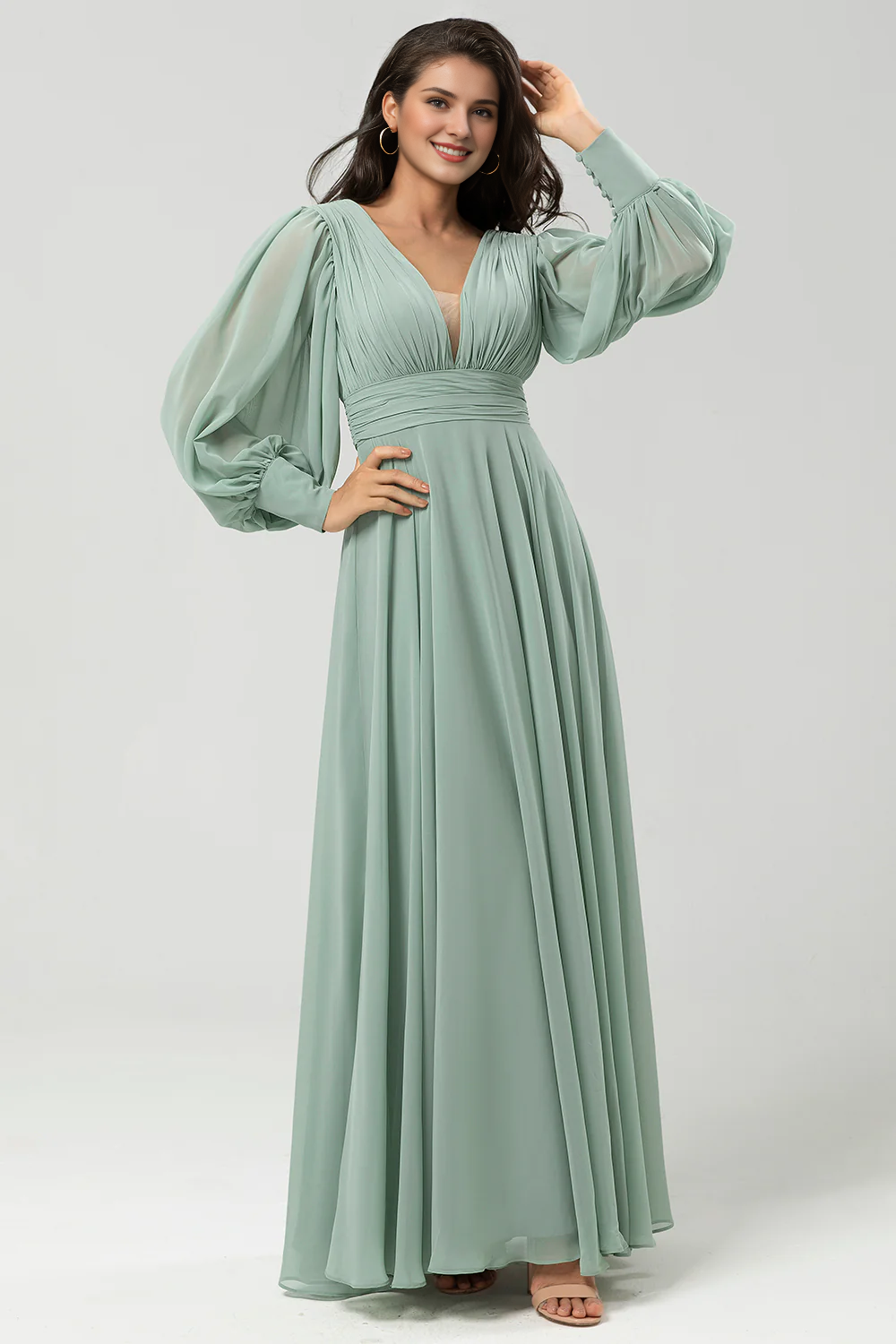 Matcha A-shaped detachable chiffon long sleeved bridesmaid dress – LD Dress