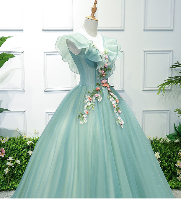 Gorgeous Green Long Tulle with Lace Applique Sweet Dress, Green Formal Gown