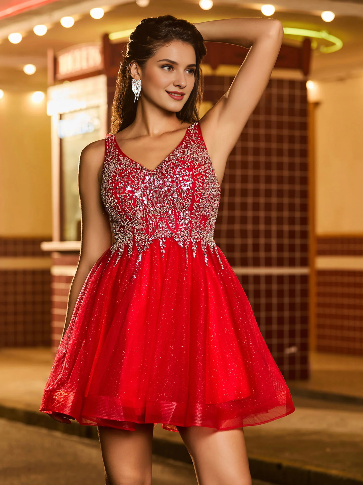 Beaded Sparkling Chiffon Lace Mini Dress