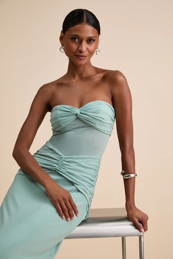 Strapless Mesh Evening Dresses with Twist Detail, Ruched Waist and Floor-Length Formal Gown