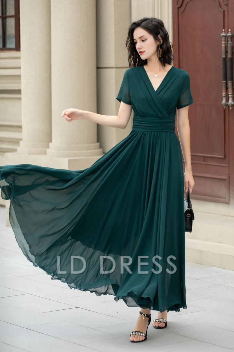 LD V-neck short sleeved chiffon pleated details and floor length Prom dress