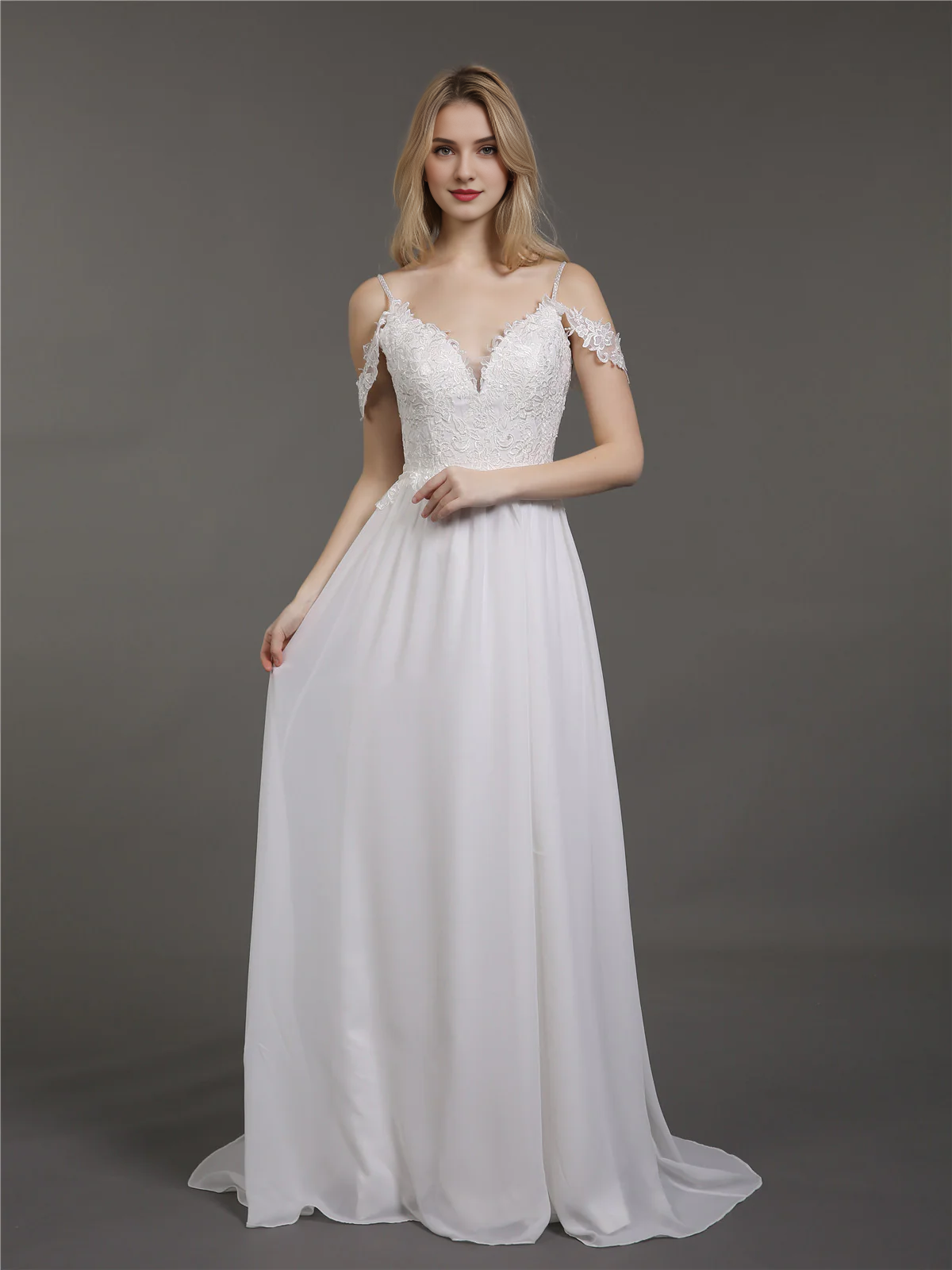 Thin shoulder chiffon minimalist wedding dress