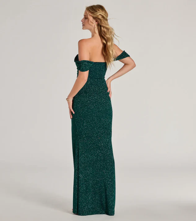 LD off shoulder collar sleeveless backless side slit and floor length Prom dress