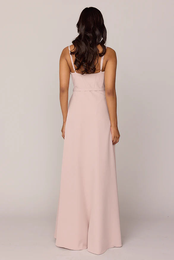 LD square neckline sleeveless thin shoulder strap backless side slit and floor length Prom dress