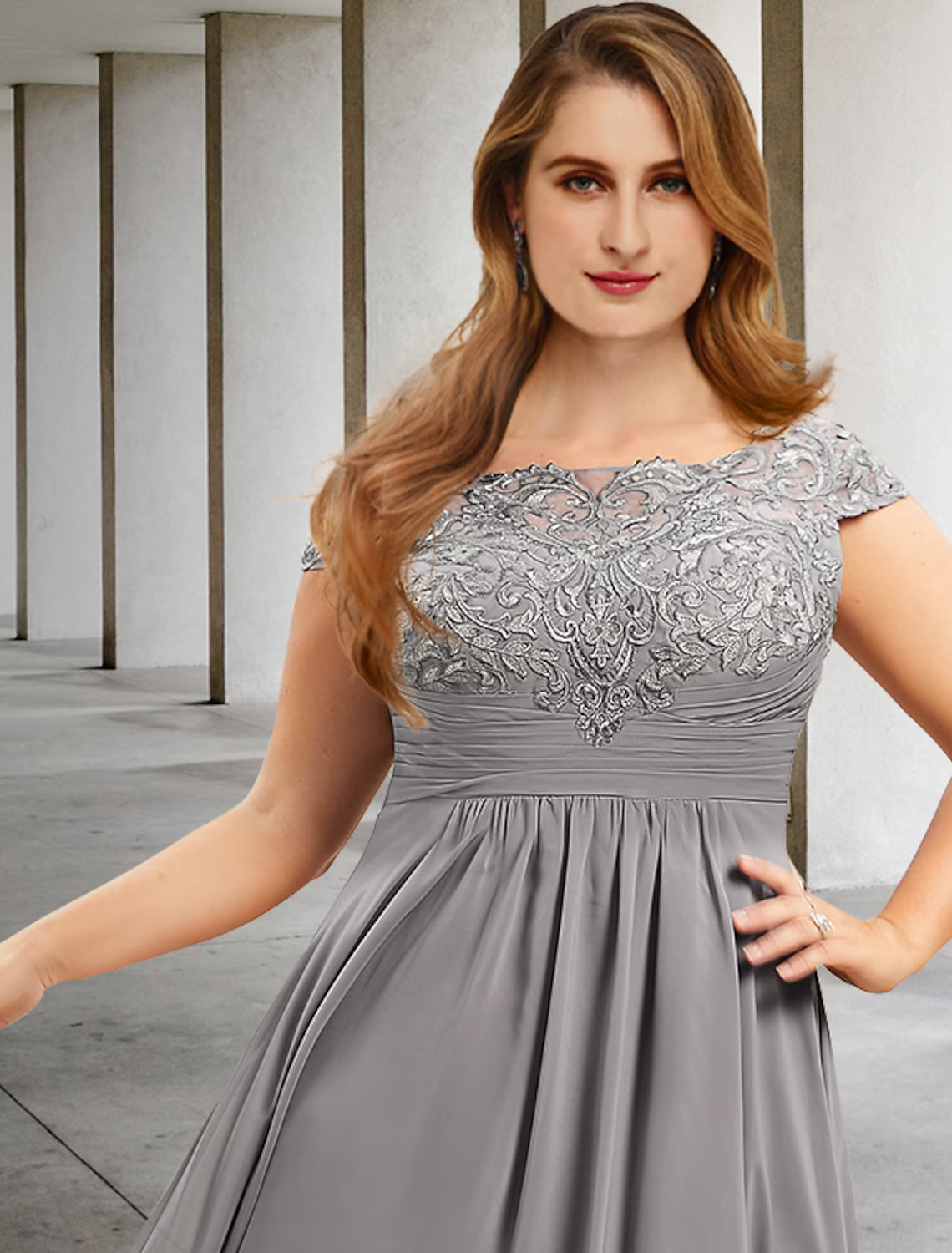 A-Line Plus Size Curve Mother of the Bride Dresses Elegant Dress Formal Length Short Sleeve Chiffon with Pleats Ruched Appliques