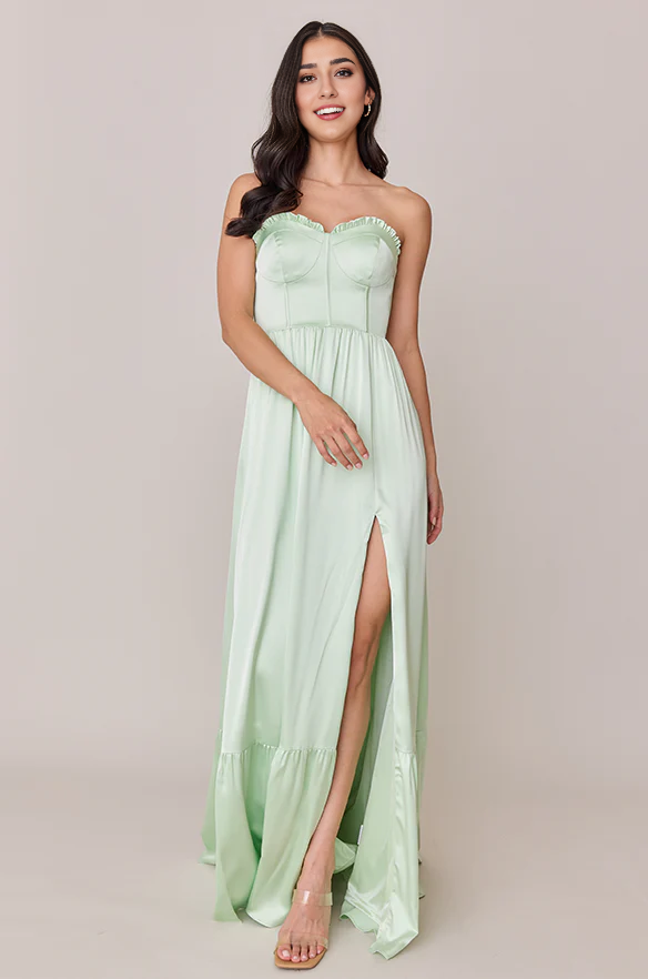 LD off shoulder collar sleeveless strapless backless side slit and floor length prom dress