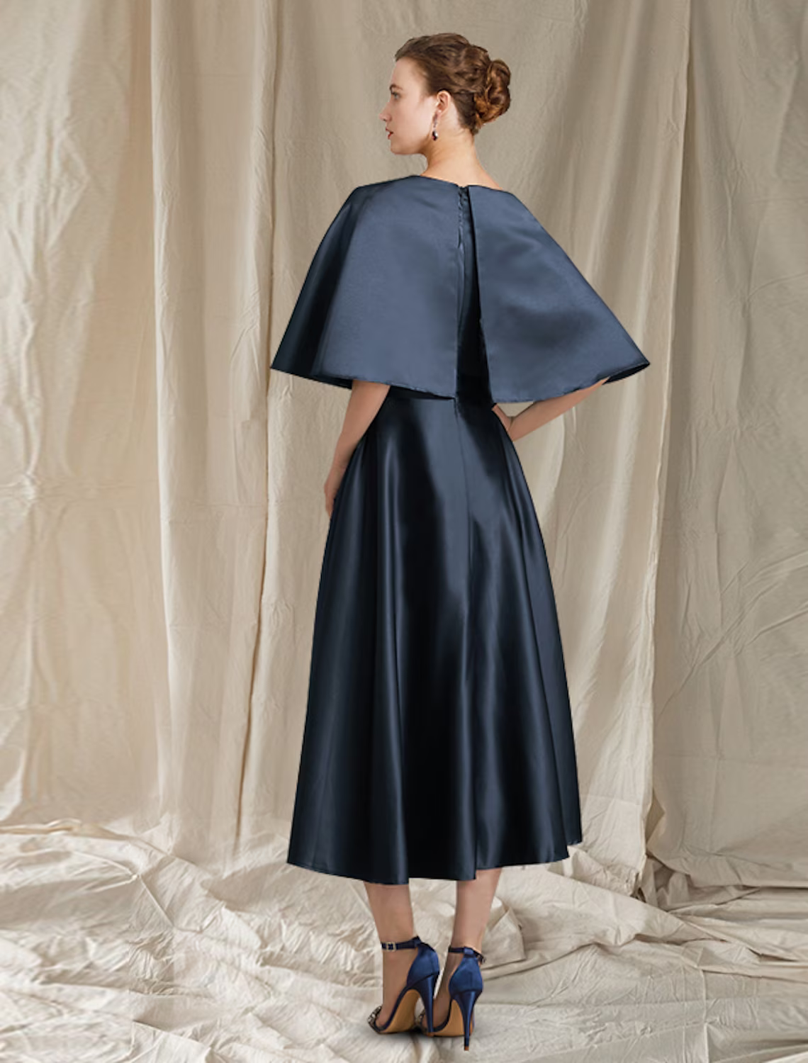 A-Line Mother of the Bride Dress Elegant Jewel Neck Tea Length Satin Half Sleeve with Pleats