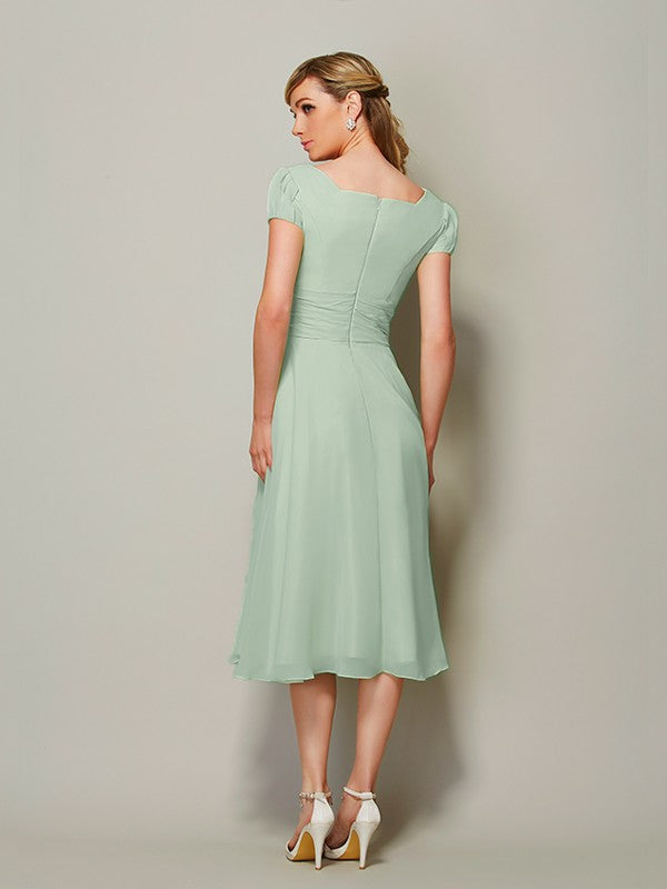 Sheath Chiffon Bateau Short Sleeves Tea-Length With Ruffles Bridesmaid Dresses