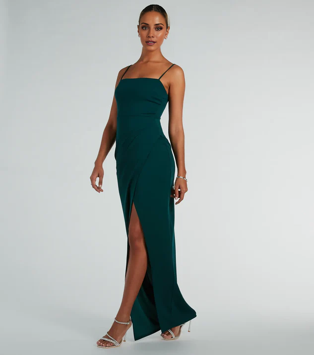 LD square neckline off shoulder sleeveless thin shoulder strap backless side slit and floor length Prom dress