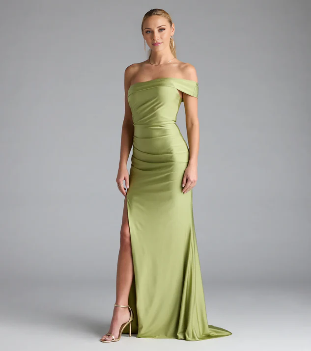 LD asymmetrical neckline off shoulder sleeveless backless side slit and floor length Prom dress