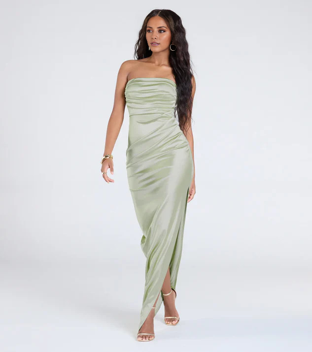LD off shoulder collar sleeveless strapless backless side slit and floor length Prom dress