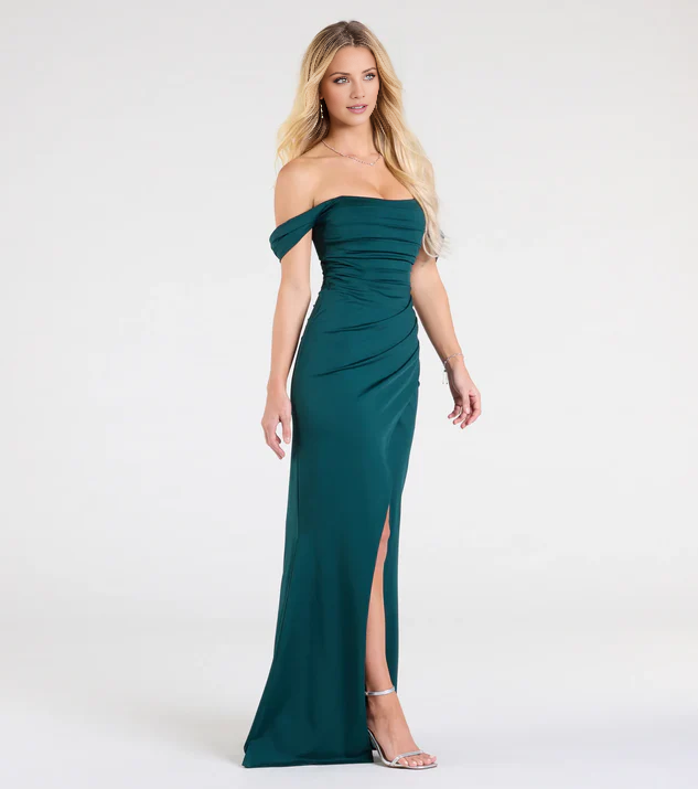 LD off shoulder collar sleeveless backless side slit and floor length Prom dress