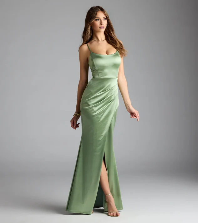 LD square neckline off shoulder sleeveless backless side slit and floor length Prom dress