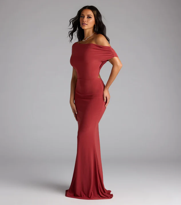 LD asymmetrical collar off shoulder sleeveless backless and floor length Prom dress