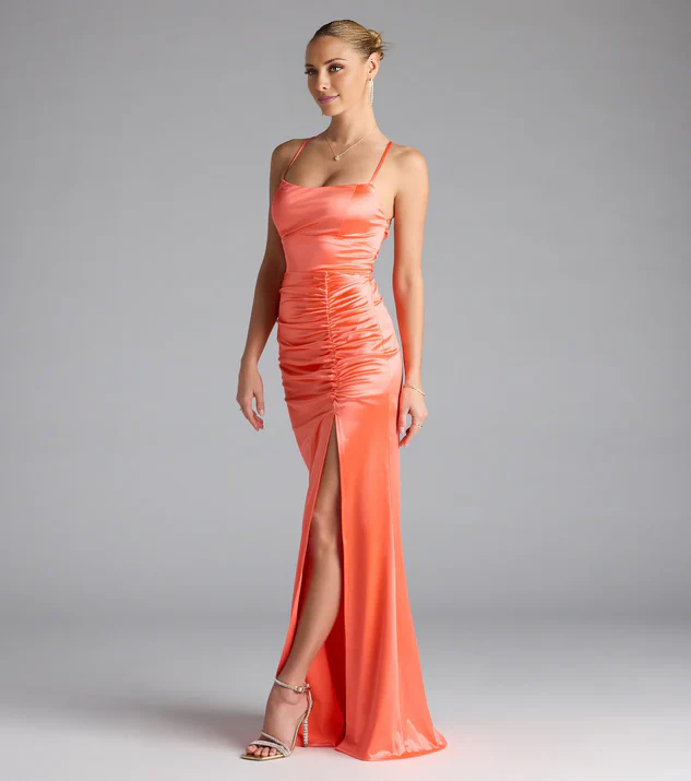 LD square neckline sleeveless thin shoulder strap backless side slit and floor length Prom dress