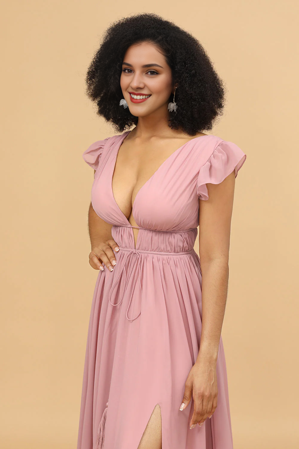 Pink A-line V-neck long slit chiffon bridesmaid dress