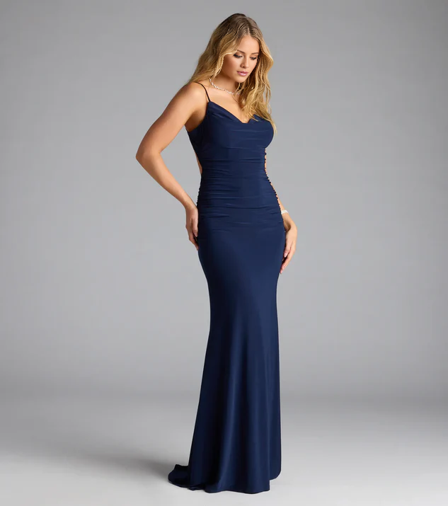 LD V-neck off shoulder sleeveless thin shoulder strap backless and floor length evening dress