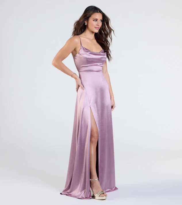 LD square neckline sleeveless thin shoulder strap backless side slit and floor length Prom dress