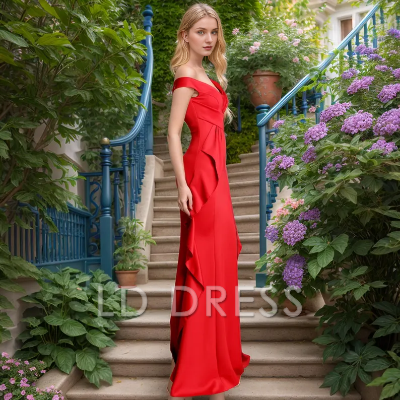 LD off shoulder collar backless side slit and floor length Prom dress