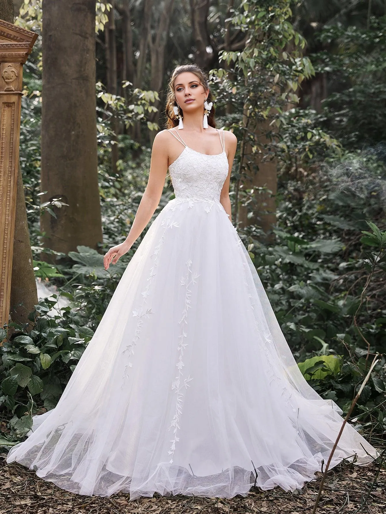 Gorgeous decal details backless lace up thin shoulder straps and floor length wedding dress