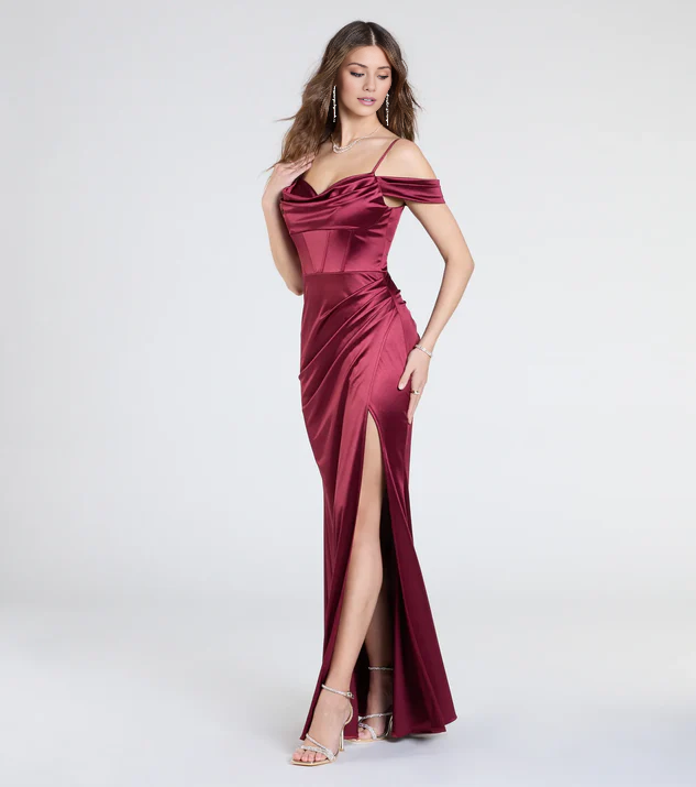 LD off shoulder collar sleeveless slim shoulder strap backless side slit and floor length Prom dress