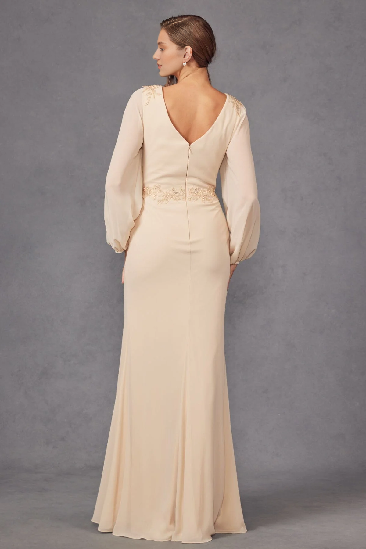 A-line slit skirt embroidered long sleeved mother of the bride dress