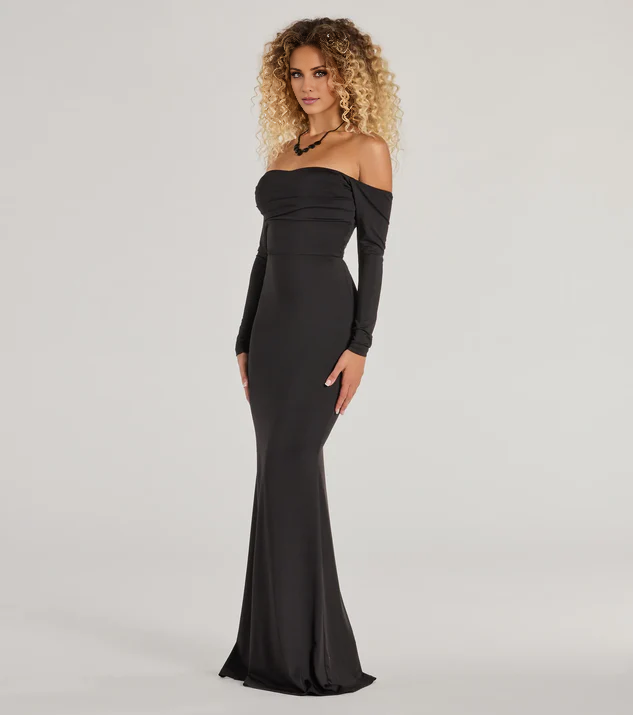 LD off shoulder collar long sleeved backless and floor length Prom dress