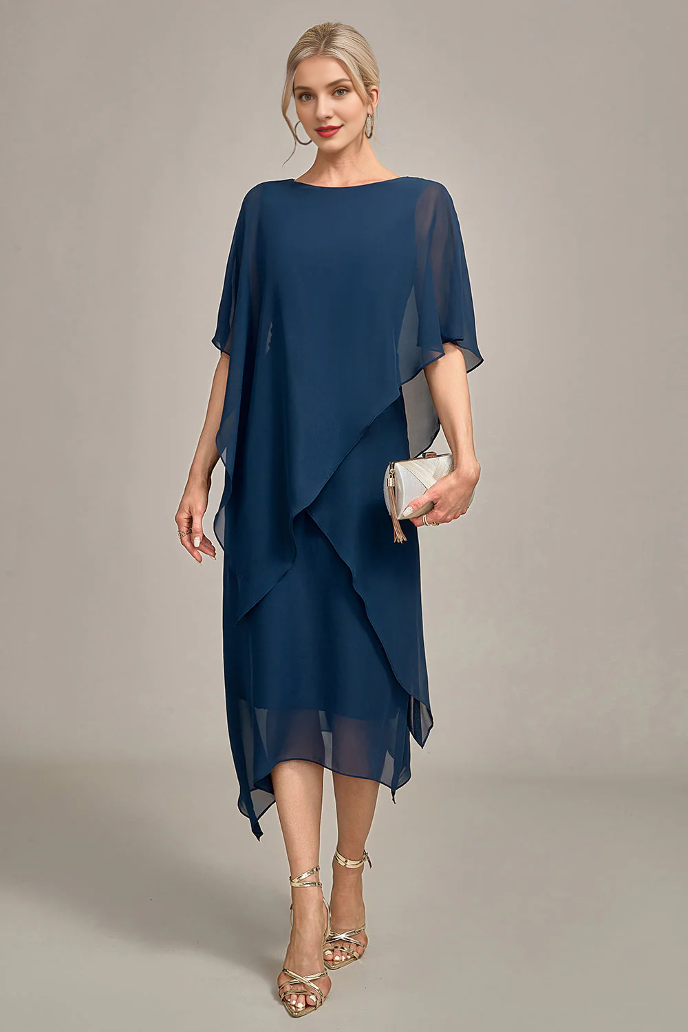 Navy Blue A-line Low Round Neck Chiffon Bridal Mother Dress