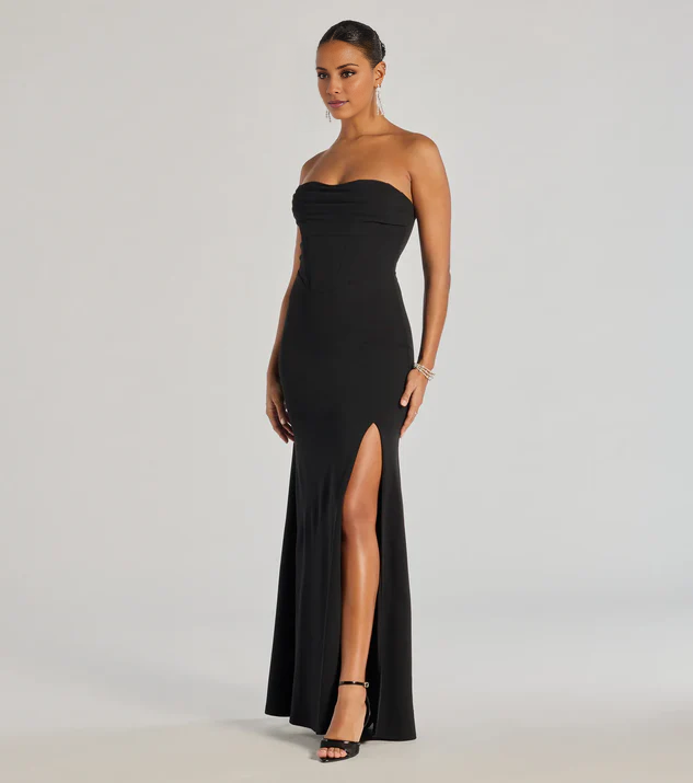 LD off shoulder collar sleeveless strapless backless side slit and floor length Prom dress