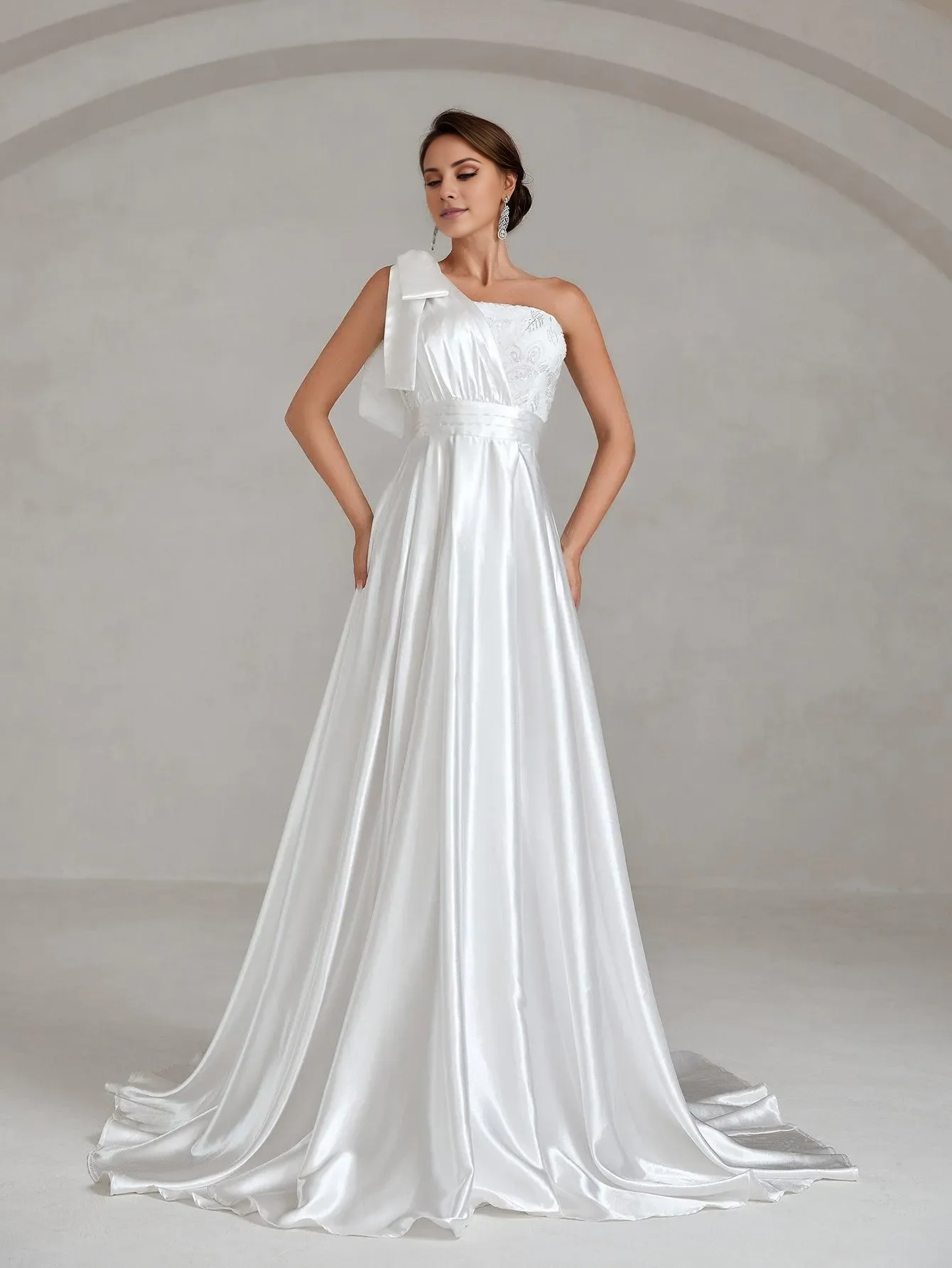 One shoulder bow satin and floor length wedding dress