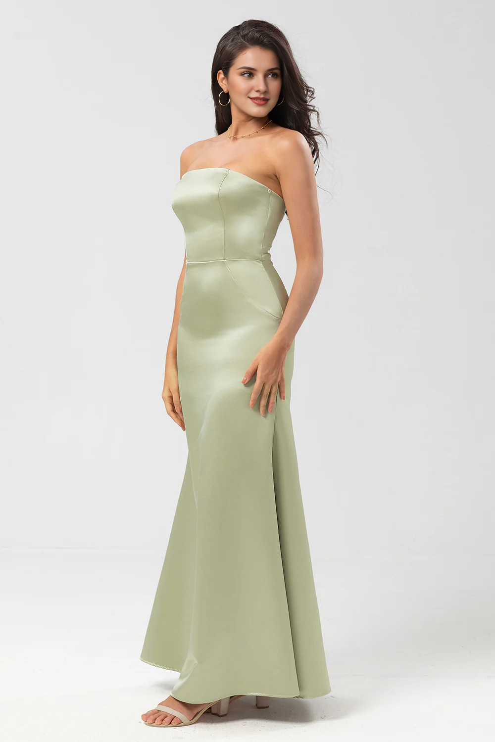 Dusty Sage Tail Strapless and Satin Bridesmaid Dress