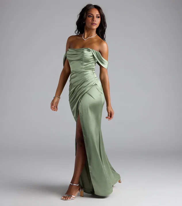 LD off shoulder collar sleeveless backless side slit and floor length evening dress