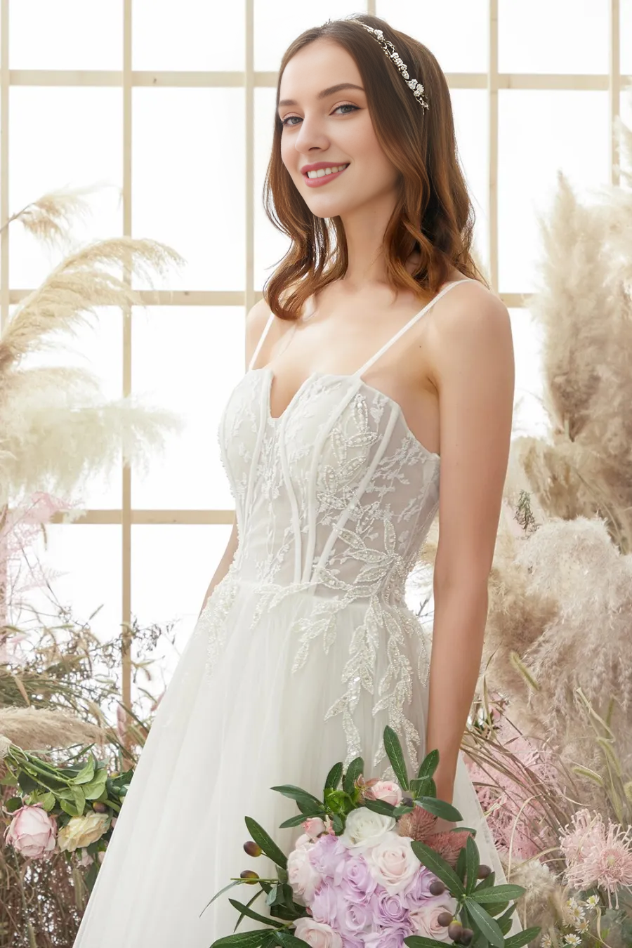 Ivory thin shoulder strap sheer and floor length wedding dress