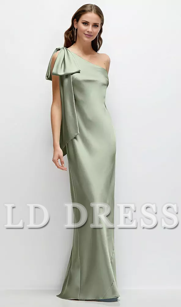 Layered Shoulder Bow One Shoulder Oblique Satin and Floor length Bridesmaid Dress - LD Dress