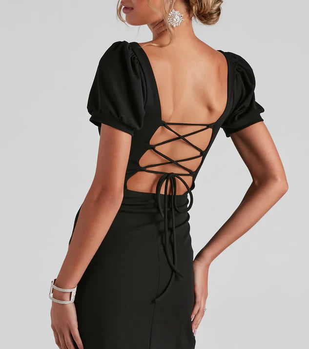 LD square neckline short sleeved backless side slit and floor length evening dress