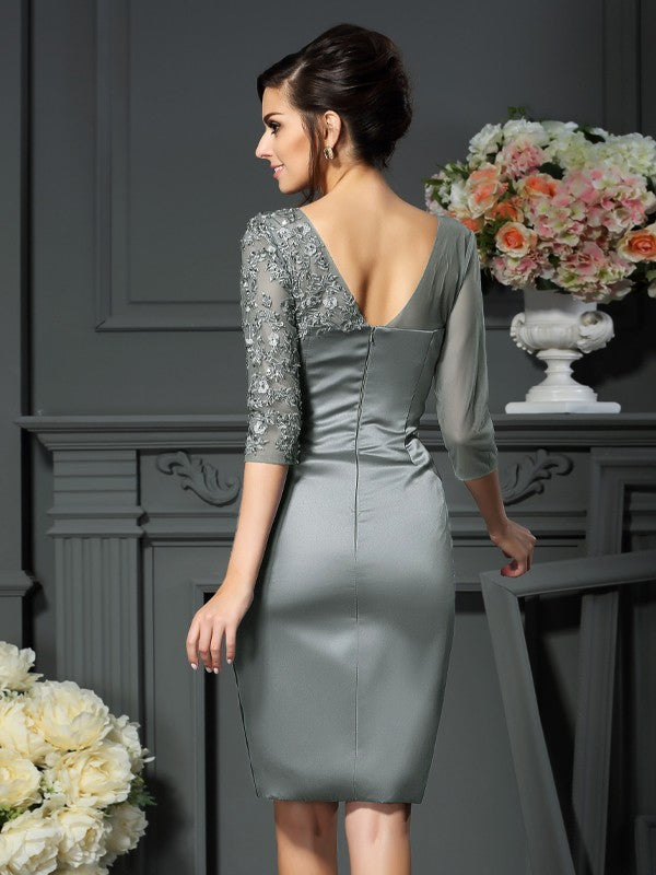Sheath Satin Scoop 1/2 Sleeves Knee-Length With Beading Mother of the Bride Dresses