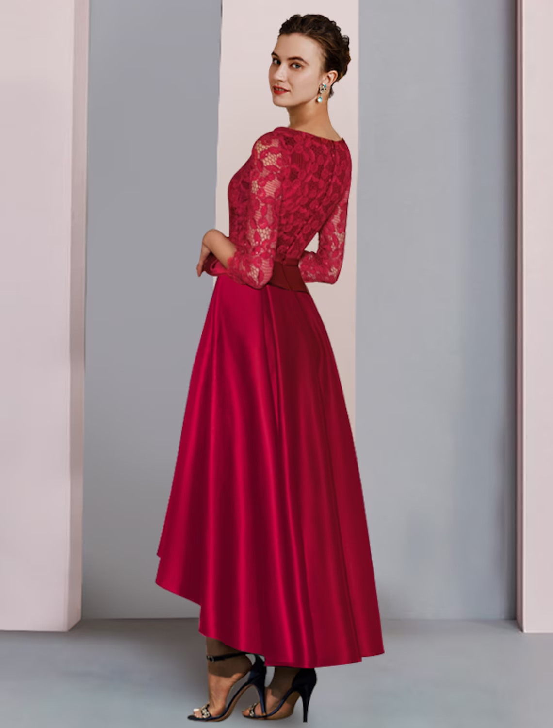 A-Line Mother of the Bride Dress Formal Wedding Guest Party Elegant High Low Scoop Neck Asymmetrical Satin Lace Sleeve with Bow(s) Pleats