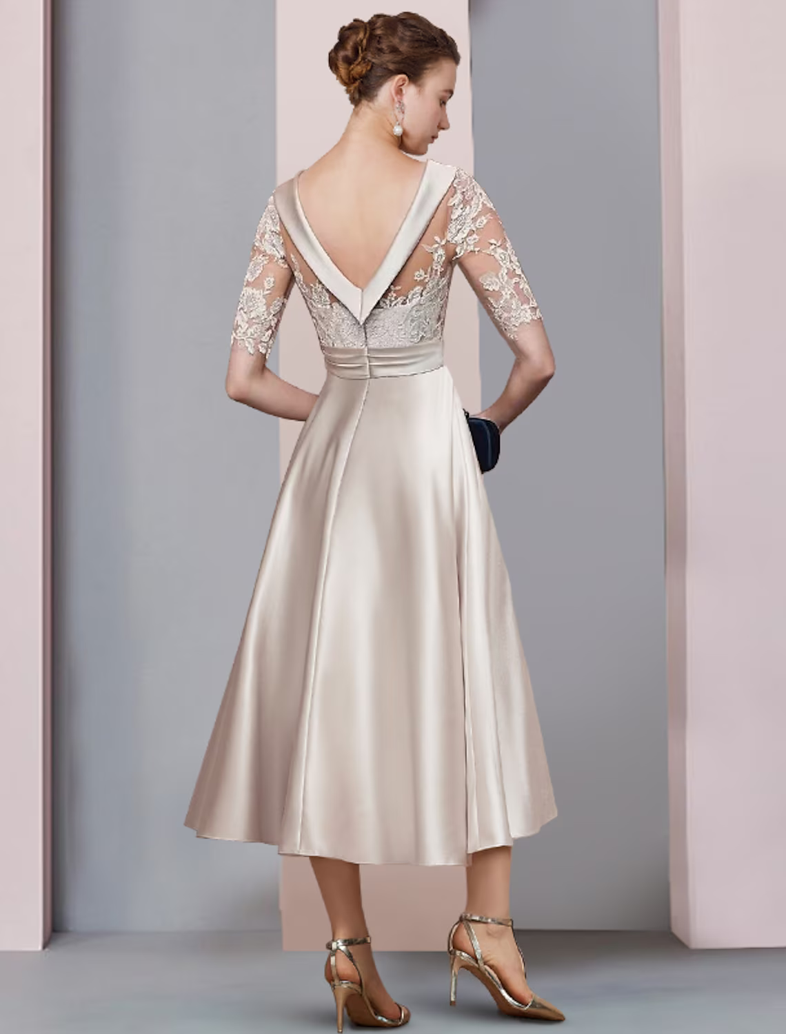 A-Line Mother of the Bride Dress Wedding Guest Vintage Elegant Scoop Neck Satin Lace Half Sleeve with Ruched Appliques