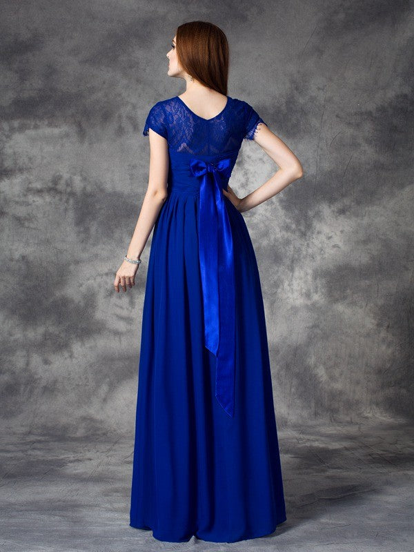 A-line/Princess Bateau Lace Sleeveless Long Chiffon Bridesmaid Dresses